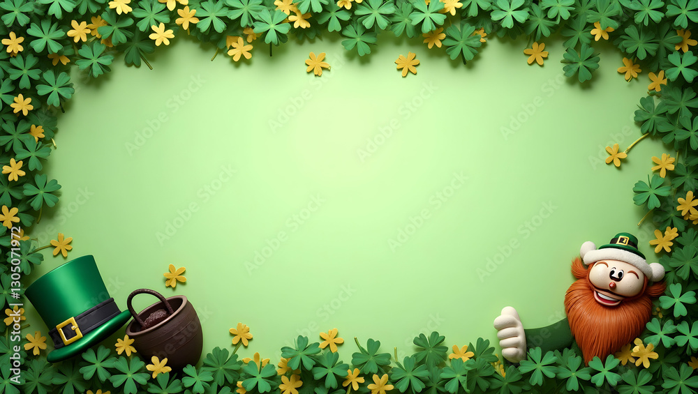 Fototapeta premium Leprechaun and Shamrocks border frame with festive copy space for St. Patrick Day concept as Playful leprechaun and vibrant shamrocks framing festive space for St. Patrick Day messages in Photo Stock
