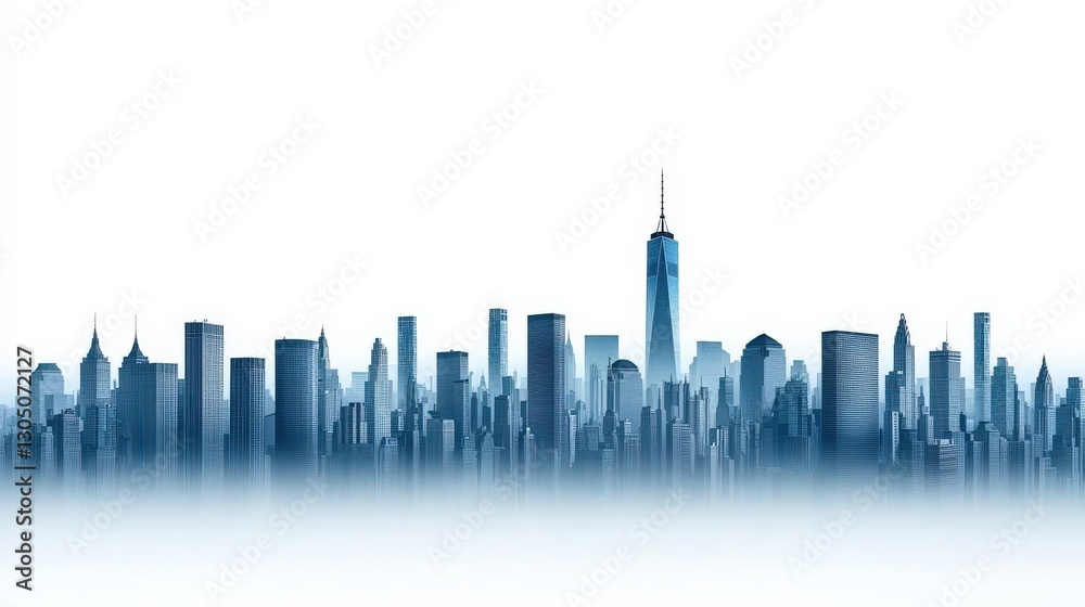 Obraz premium City skyline silhouette in blue tones against a white background.