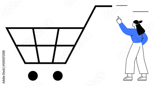 Woman gesturing toward oversized shopping cart, suggesting online shopping or retail concepts. Ideal for e-commerce, customer interaction, marketing, consumption, product selection, digital retail