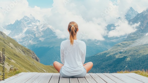 Meditating woman overlooking serene lake, tranquil scene with lush mountains in background, perfect for wellness themes.