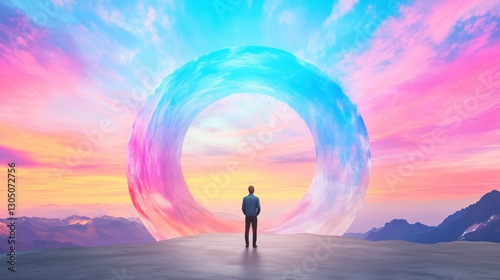 Surreal Scene of Man Facing Colorful Portal in Ethereal Landscape