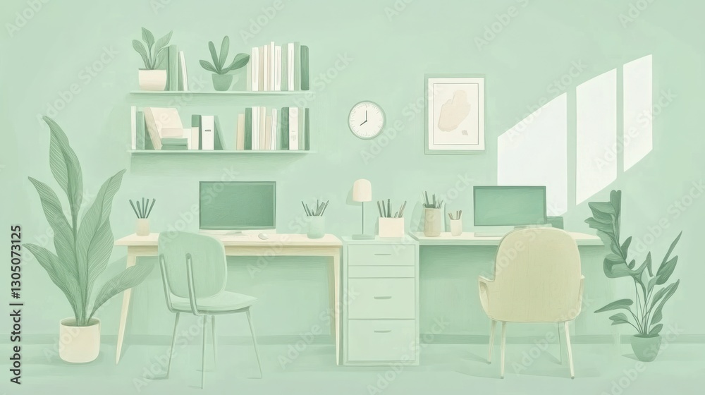 Fototapeta premium Pastel green home office workspace, plants, computers