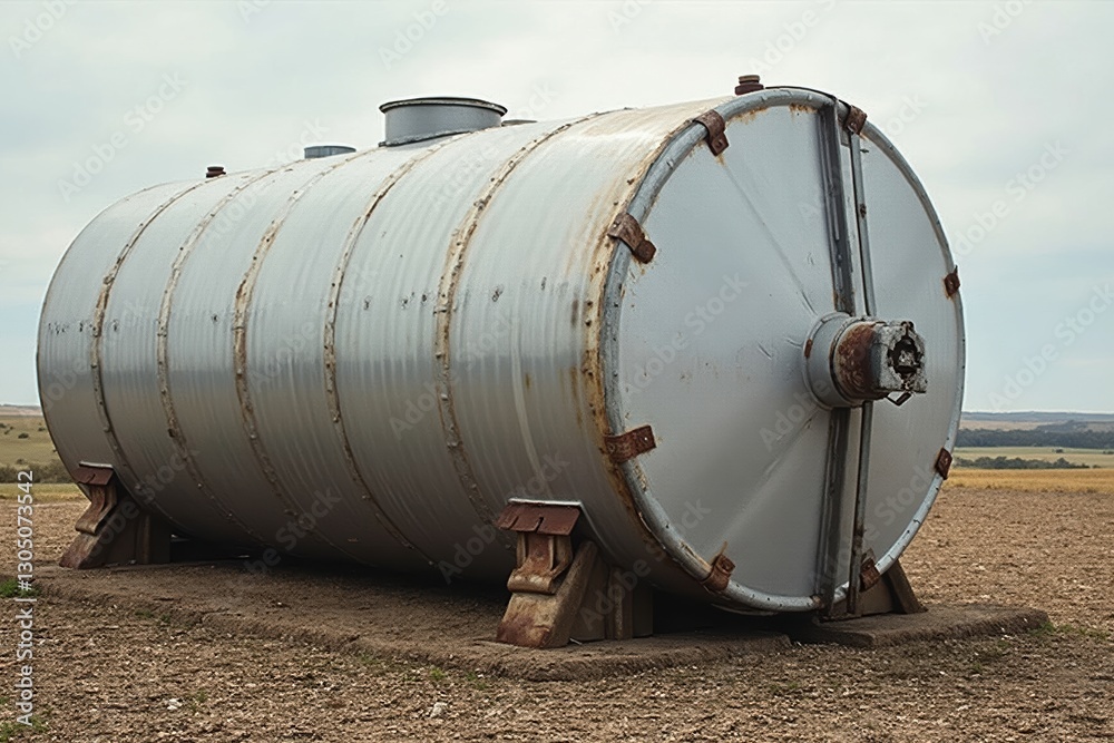 A Large Metal Tank Sitting in the Middle of a Field - Generative AI A Large Metal Tank Sitting in the Middle of a Field - Generative AI
