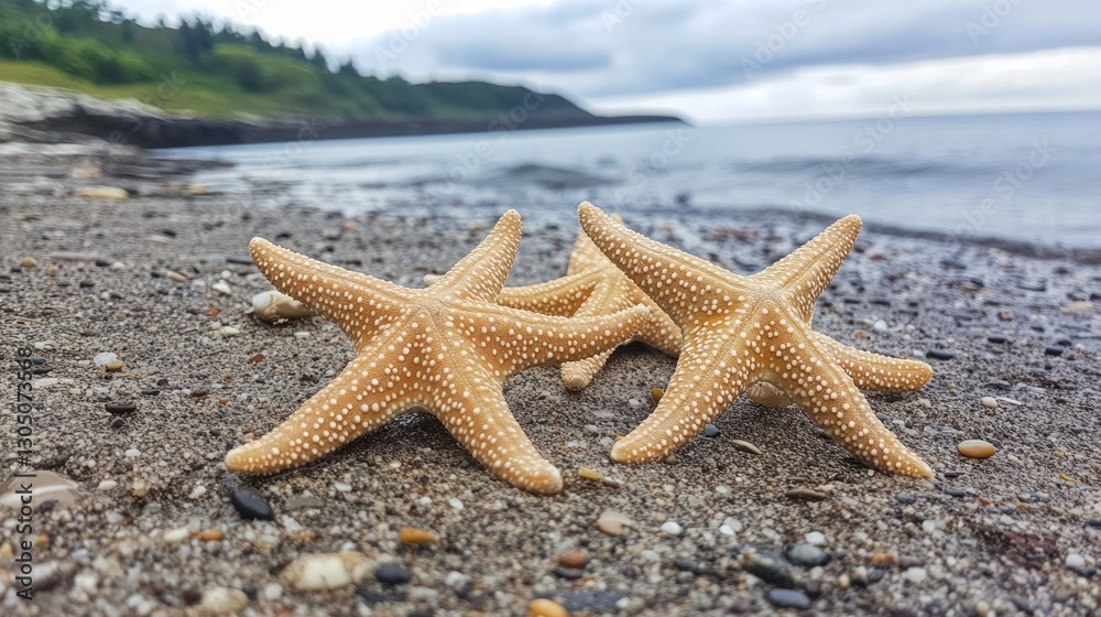 Seashore starfish, sandy beach, ocean view Seashore starfish, sandy beach, ocean view