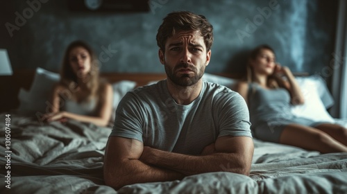 man with arms crossed with anger in bed and in the background his lying wife