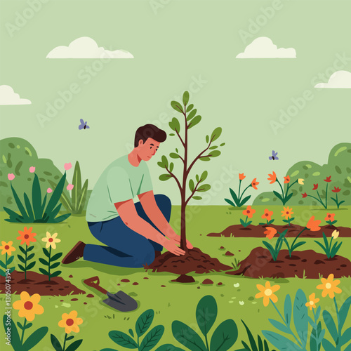 Man Planting Tree in Garden with Flowers and Butterfly Illustration
