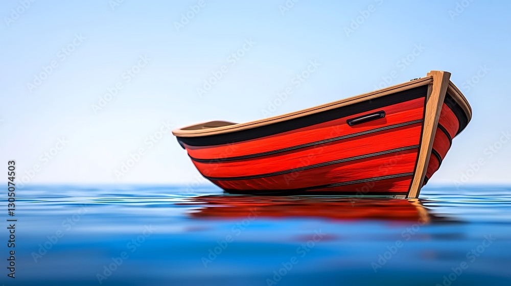 Fototapeta premium A vibrant red boat gently floating on calm water under a clear blue sky, evoking tranquility
