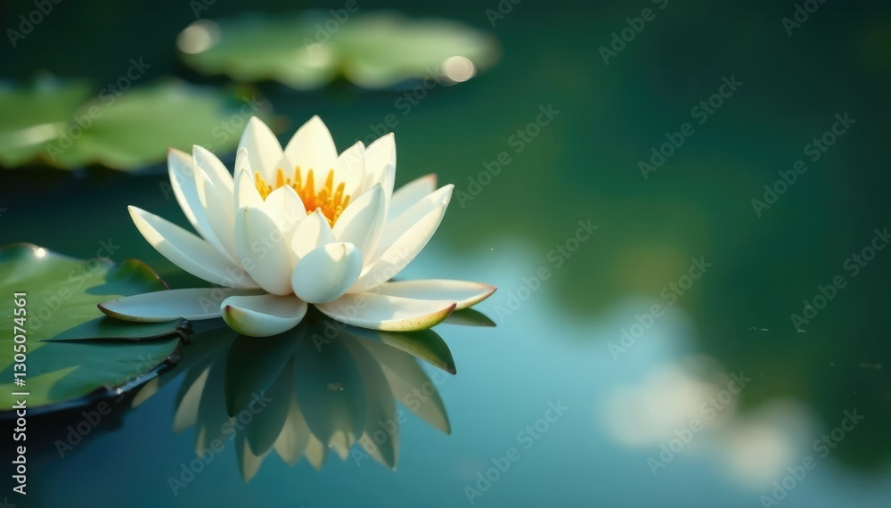 Reflection of a lily white flower on the lake's glassy surface, mirror like water, water lilies Reflection of a lily white flower on the lake's glassy surface, mirror like water, water lilies