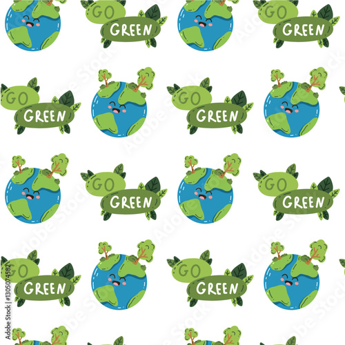 Vector seamless pattern of the Earth. A backdrop replicating Earth day, with the sweet smiling planet kawaii. Eco-friendly digital paper with a globe and a forest. Ecological design for wallpaper, tex