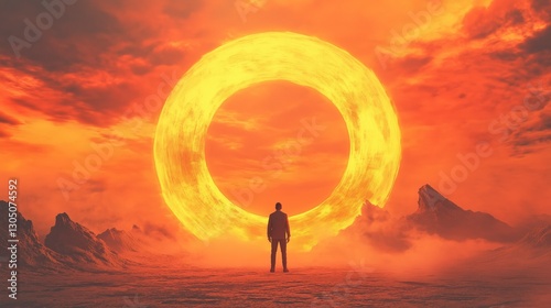 Man Standing Before Glowing Circular Portal in Fiery Sunset Landscape