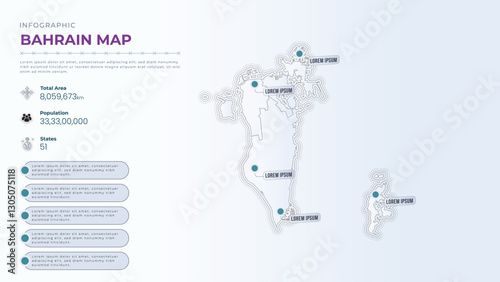 Total Area, Papulation, States & More Detailed Infographic Map of Bahrain. Bahrain country map infographic colored vector template with regions and pointer marks.