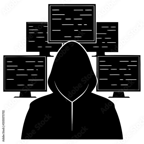 Silhouette of a hooded figure in front of multiple computer screens representing cyber activity