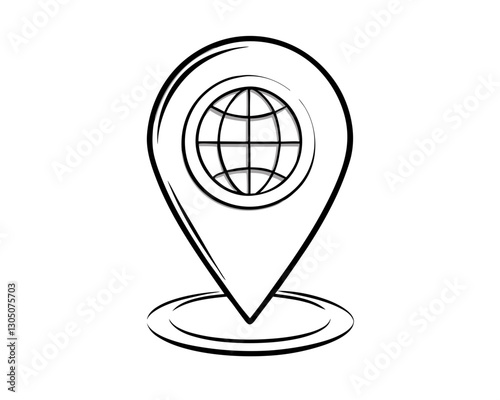 Outline icon of a location pin with a globe symbolizing navigation and global connectivity