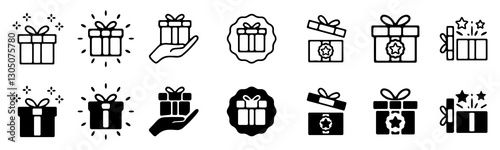 Gift box icon set. Present gift box tied, open, and sparkle for christmas, birthday, valentine, wedding event, party, celebration, and achievement success. Vector illustration