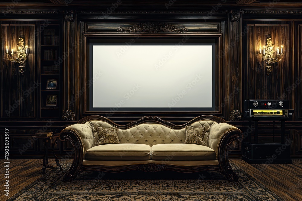 Fototapeta premium Elegant vintage living room with luxurious couch and blank screen