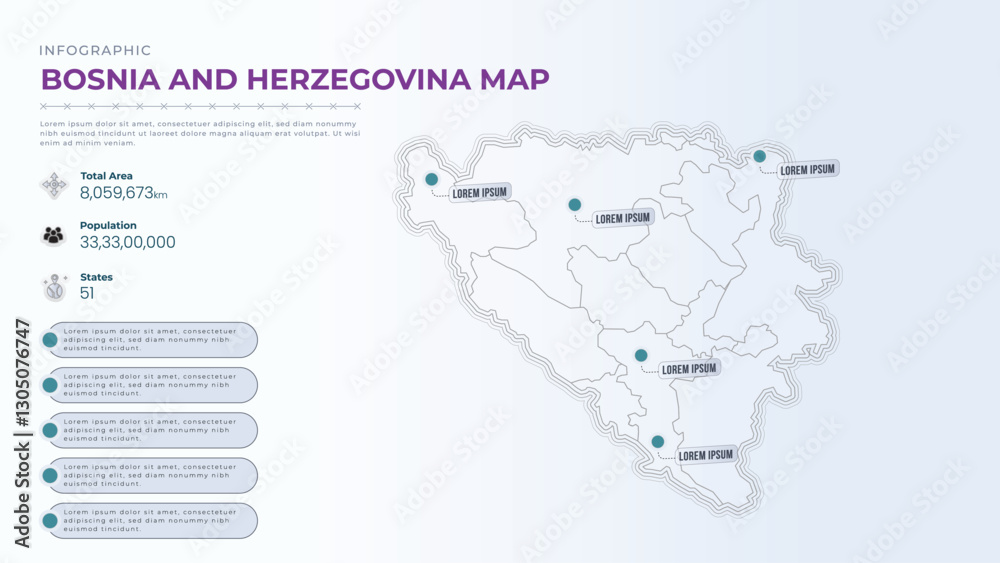 Fototapeta premium Total Area, Papulation, States & More Detailed Infographic Map of Bosnia and Herzegovina. Bosnia and Herzegovina country map infographic colored vector template with regions and pointer marks.