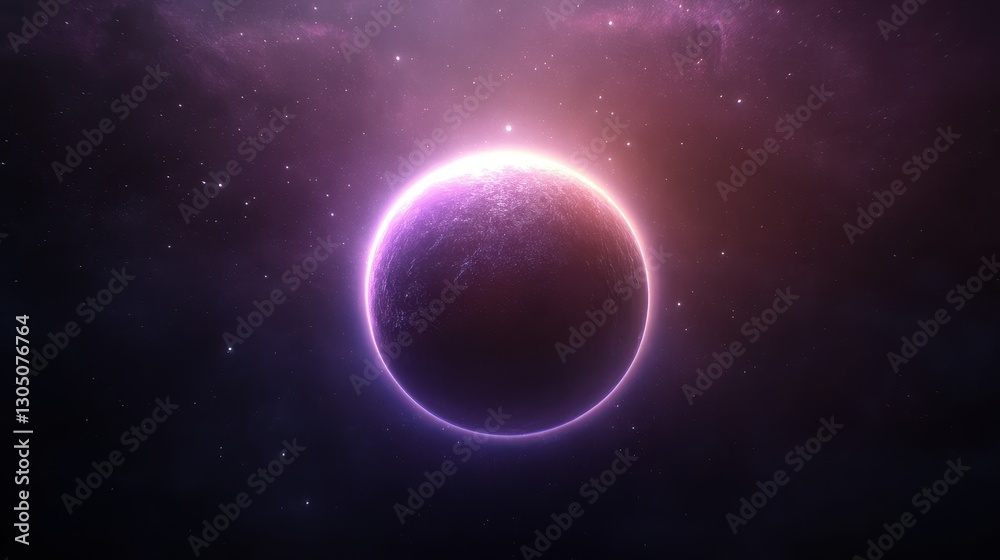 Obraz premium Cosmic eclipse scene, dark celestial orb glowing with vibrant purple halo, illustrating the beauty of astronomical events.