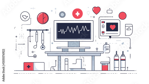 A minimalist line art illustration depicting a desktop computer displaying a heart rate monitor, surrounded by various simplified medical devices and symbols. The style is clean and flat,