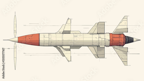 A top-down technical illustration of a guided missile. The illustration is rendered in a simplified style with predominantly white, orange, and red coloring. The missile is depicted with