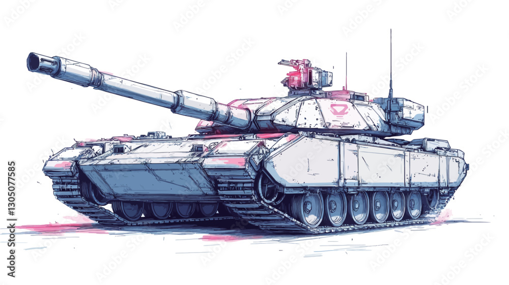 A detailed illustration of a military tank. The artwork is rendered in a style reminiscent of a technical drawing, with shades of blue, white, and pink. The tank is depicted in A detailed illustration of a military tank. The artwork is rendered in a style reminiscent of a technical drawing, with shades of blue, white, and pink. The tank is depicted in
