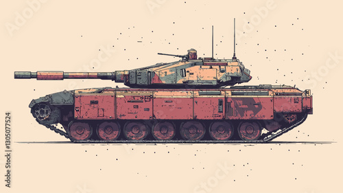 A digital illustration depicts a modern tank in profile view against a light beige background. The tank is rendered in a style that blends realism with a slightly stylized aesthetic.  The