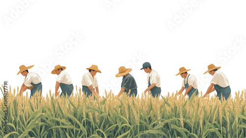 The image is an illustration depicting a row of eight individuals, appearing to be agricultural workers, bent over in a wheat field. They are uniformly dressed in light-colored shirts and