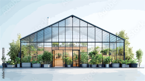 The image shows a front view of a large modern greenhouse. The structure is characterized by a sharp A-frame roof and extensive glass walls, allowing ample natural light. A dark-colored
