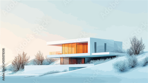 The image is a digital rendering of a modern, minimalist house situated on a snow-covered hillside. The house is primarily white with large, amber-toned windows forming a prominent