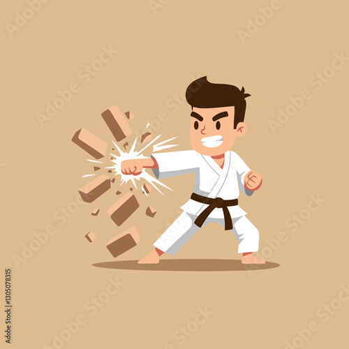 Cartoon Man Breaking Wood Blocks with Punch Demonstrating Martial Arts