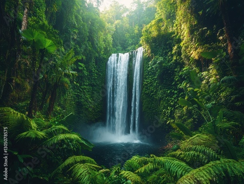 Serene Waterfall Cascading into Lush Green Jungle Surrounded by Vibrant Vegetation and Misty Atmosphere in a Tropical Paradise