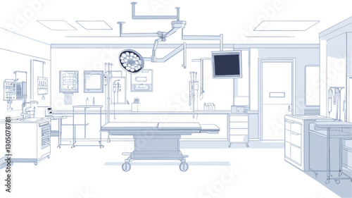 The image is a digital rendering or blueprint of an operating room.  The style is minimalist, using light blue lines on a white background to depict the room's layout.  The drawing includes