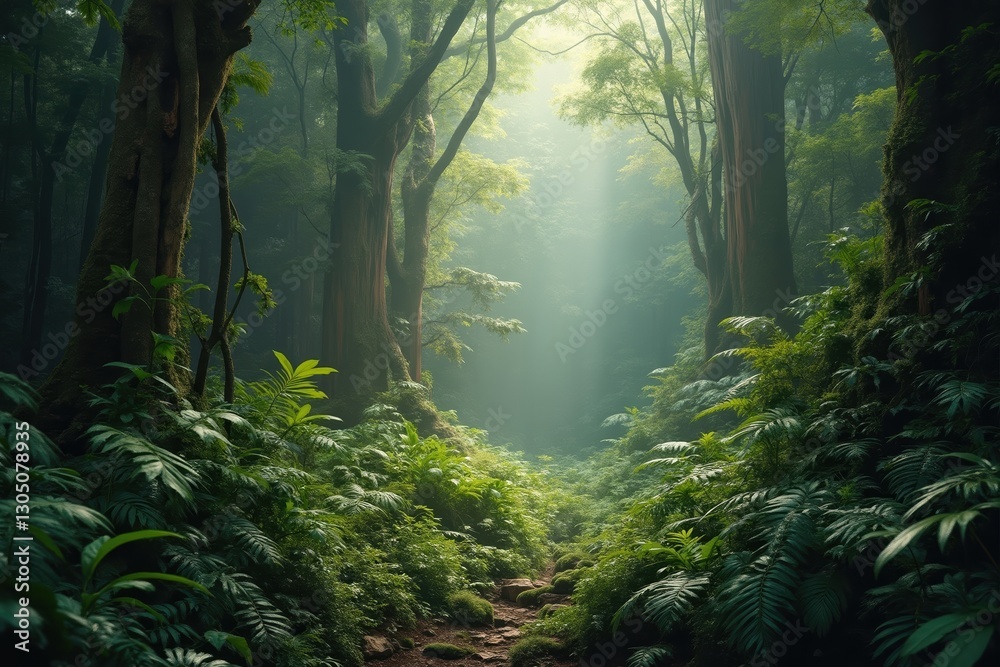 Fototapeta premium A Path Through a Lush Green Forest With Sunlight Shining Through the Trees - Generative AI