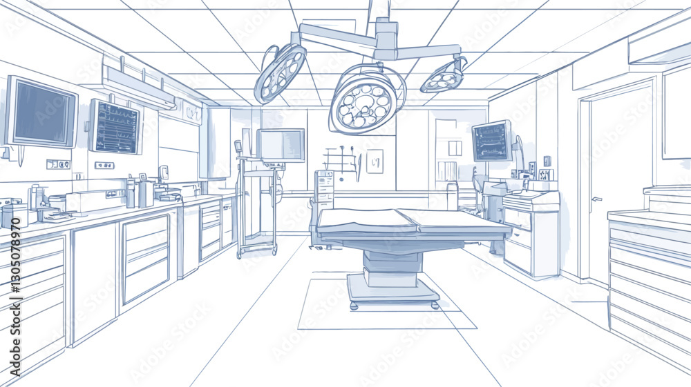 Fototapeta premium The image is a perspective line drawing or blueprint sketch of an operating room. The sketch shows an operating table in the center, surrounded by various medical equipment and