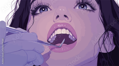 A digital illustration depicts a close-up view of a young woman's face during a dental examination. The woman's mouth is open, revealing her teeth. A gloved hand holding dental instruments