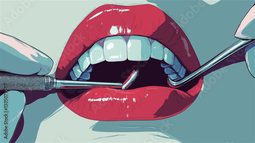 Close-up illustration depicting a stylized female mouth with bright red lips.  The mouth is open, revealing clean, white teeth.  Two dental instruments are visible, held by gloved hands