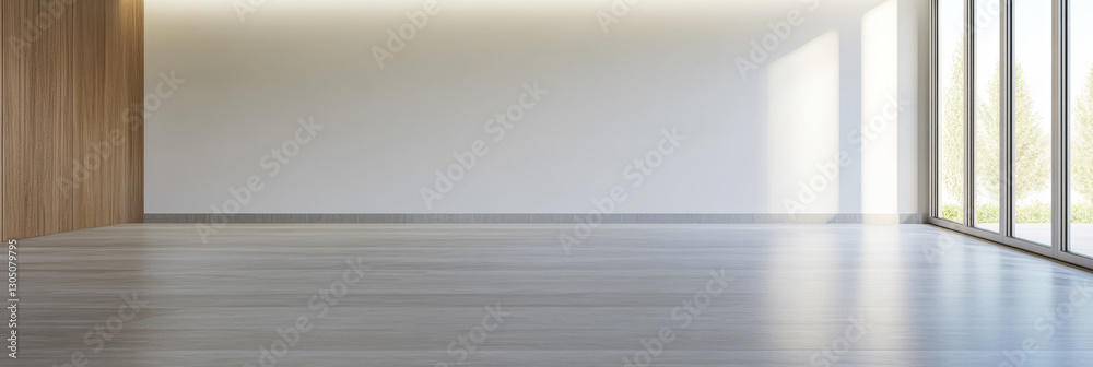 Fototapeta premium Modern empty room with large windows and wooden accents in daylight