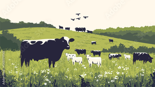 Stylized illustration depicting a pastoral scene. The image features a herd of black and white cattle, including adult cows and calves, grazing in a lush green field with wildflowers.  A