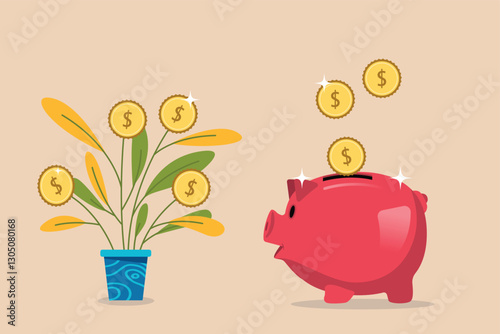 Money tree growing coins falling into piggy bank. Savings concept