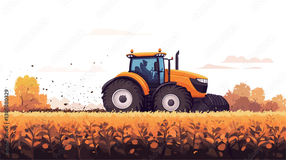 Fototapeta premium The image is a stylized digital illustration depicting a yellow and black tractor moving across a field of golden-brown crops. The style is vector-like, with clean lines and flat shading.