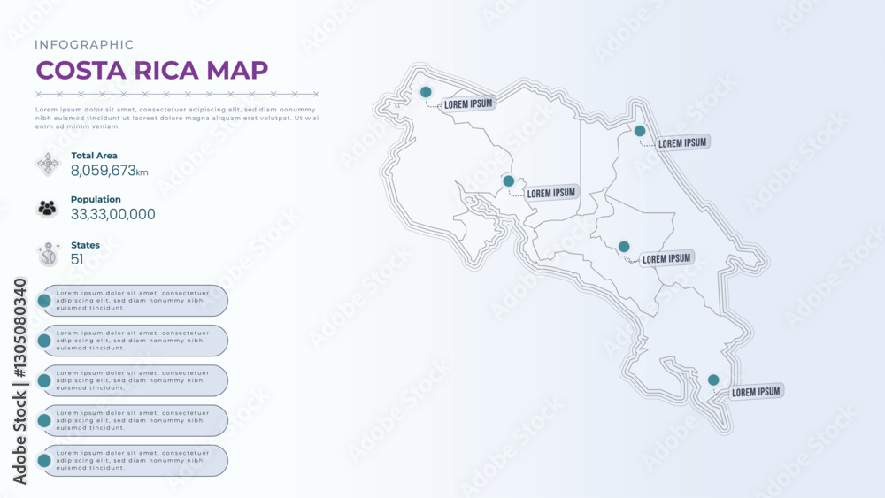 Total Area, Papulation, States & More Detailed Infographic Map of Costa Rica. Costa Rica country map infographic colored vector template with regions and pointer marks. Total Area, Papulation, States & More Detailed Infographic Map of Costa Rica. Costa Rica country map infographic colored vector template with regions and pointer marks.