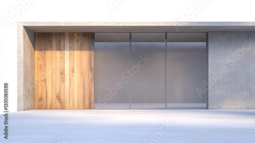 Modern architectural entrance featuring wood and glass elements in minimalist design