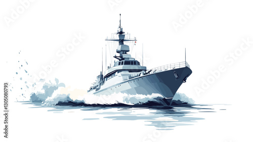 A digital watercolor-style illustration depicts a warship moving at speed across the ocean. The vessel is rendered in shades of blue and gray, with white highlights suggesting waves and