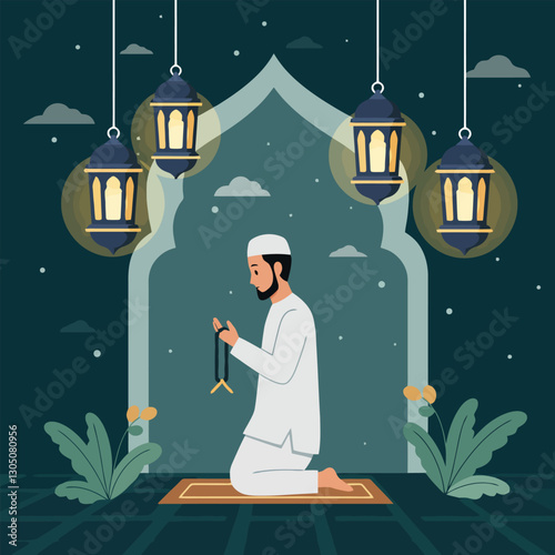 Man Praying with Rosary Under Lanterns in Illustrated Religious Scene