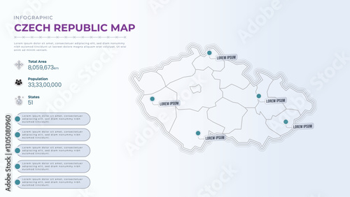 Total Area, Papulation, States & More Detailed Infographic Map of Czech Republic. Czech Republic country map infographic colored vector template with regions and pointer marks.