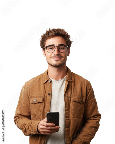 Casual portrait of young man with phone isolated on transparent background png