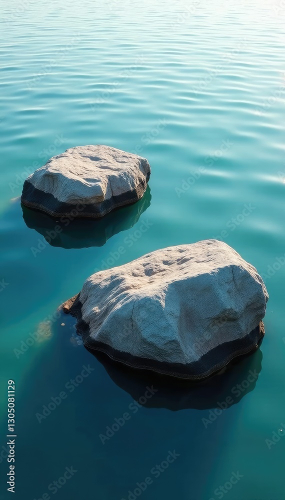 Naklejka premium Three large rocks suspended in water with soft ripples and subtle reflections, rock formations, lake scenery