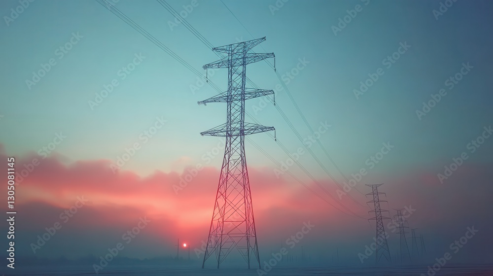Misty landscape with tall power lines, ethereal atmosphere, soft pastels in sky, serene and tranquil scene, ideal for nature themes. Misty landscape with tall power lines, ethereal atmosphere, soft pastels in sky, serene and tranquil scene, ideal for nature themes.