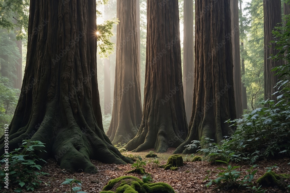 Obraz premium A Group of Trees in a Forest With Moss on the Ground - Generative AI