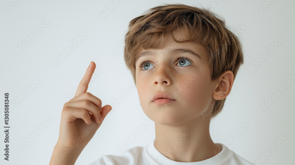 Creative thinking boy pointing up indoor setting portrait photography bright environment close-up perspective Creative thinking boy pointing up indoor setting portrait photography bright environment close-up perspective