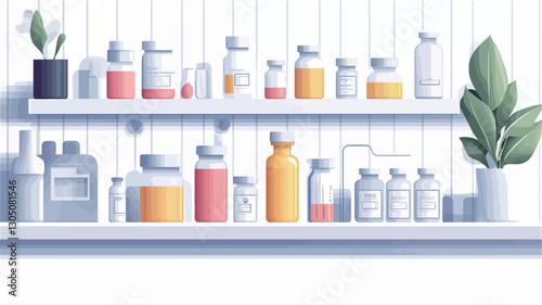 The image shows a digital illustration of two white shelves against a white paneled wall.  Various bottles and jars of different sizes and pastel colors are neatly arranged on the shelves.